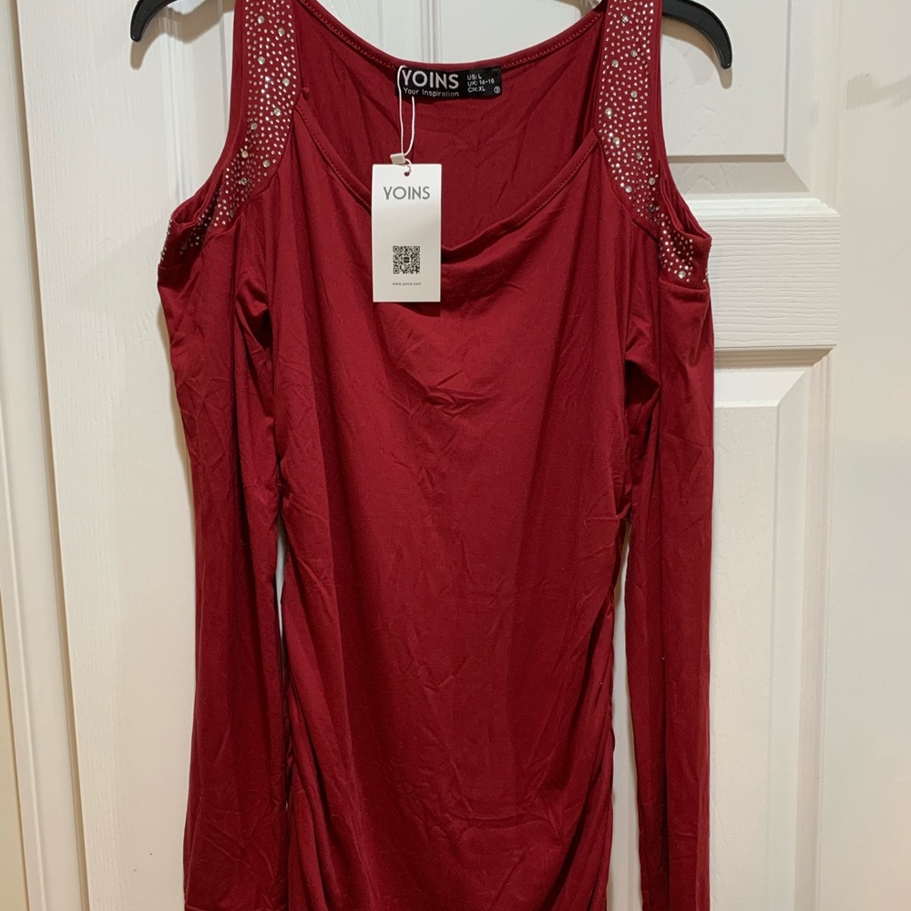 Youins Red Cold Shoulder Tunic Top With Sparkles